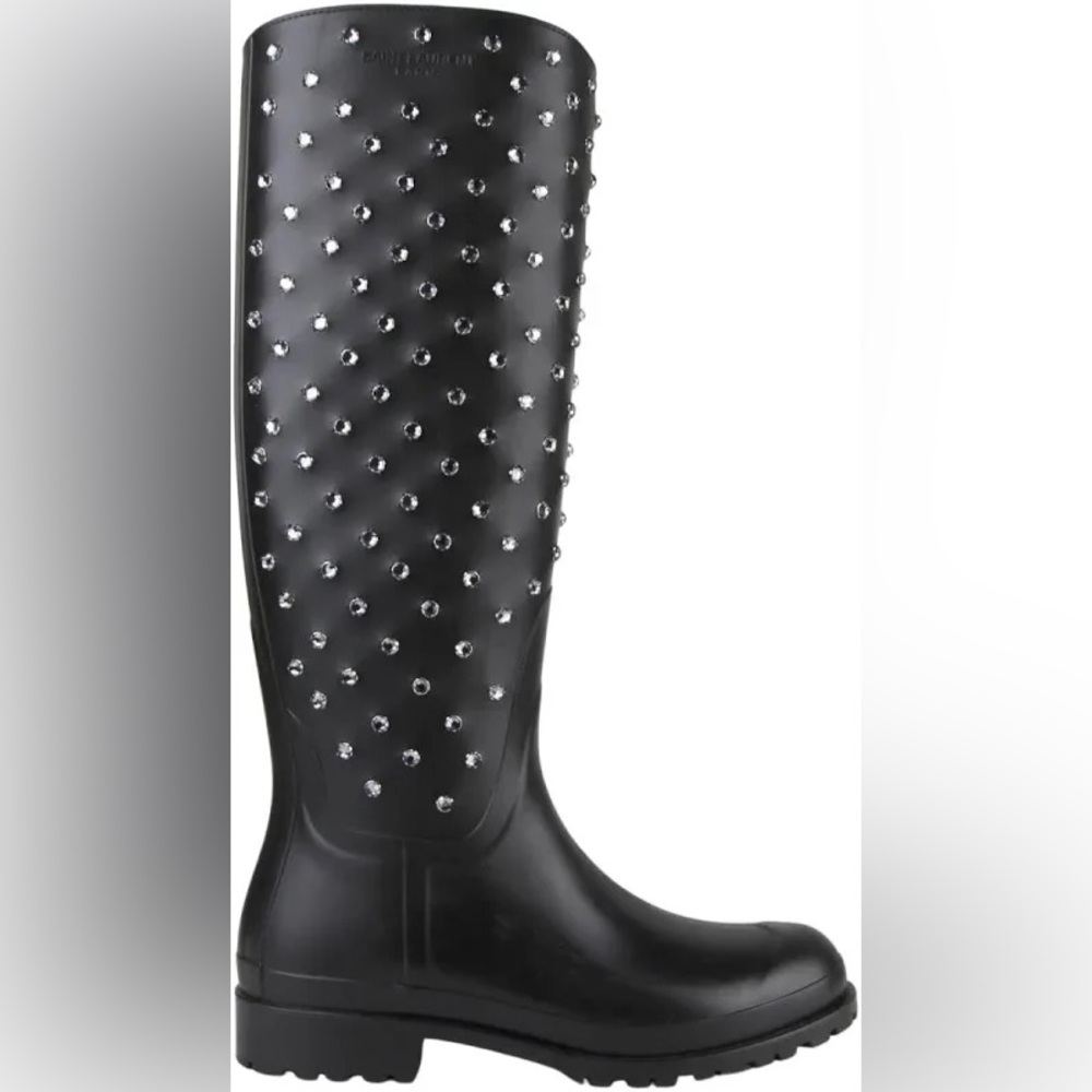 Saint Laurent Black Studded Crystal Rain Boots | Size US 8